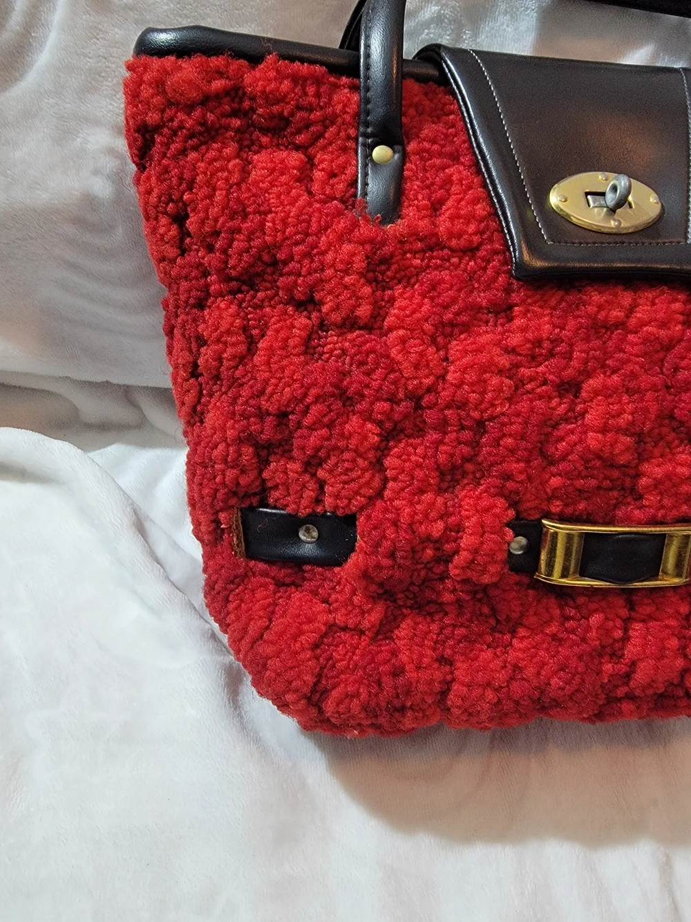 Vintage 60's Carpet Red Faux Shearling  Bag with Black Trim